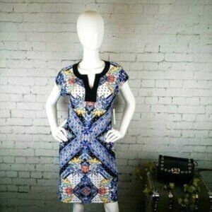 Laundry By Shelly Segal Boho Split Neck Shift Mini  Dress Blue Size Small
